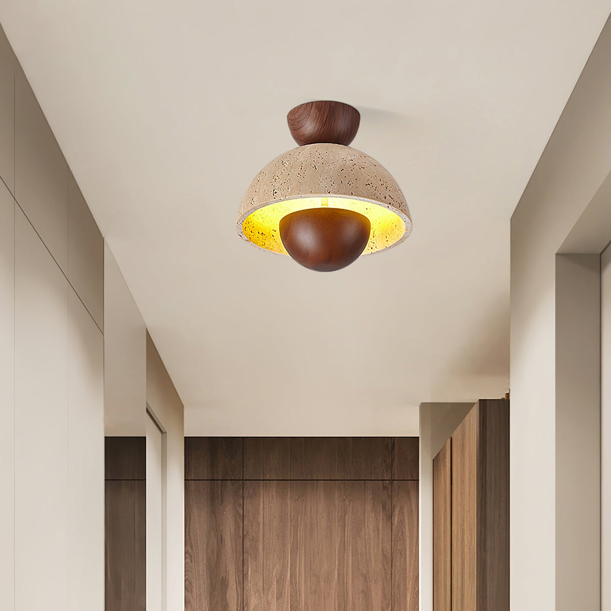 Nerio Travertine Dome Ceiling Light with Wooden Accent