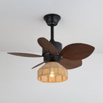 Flora Designer Ceiling Fan Light with Natural Wood Blades and Woven Shade