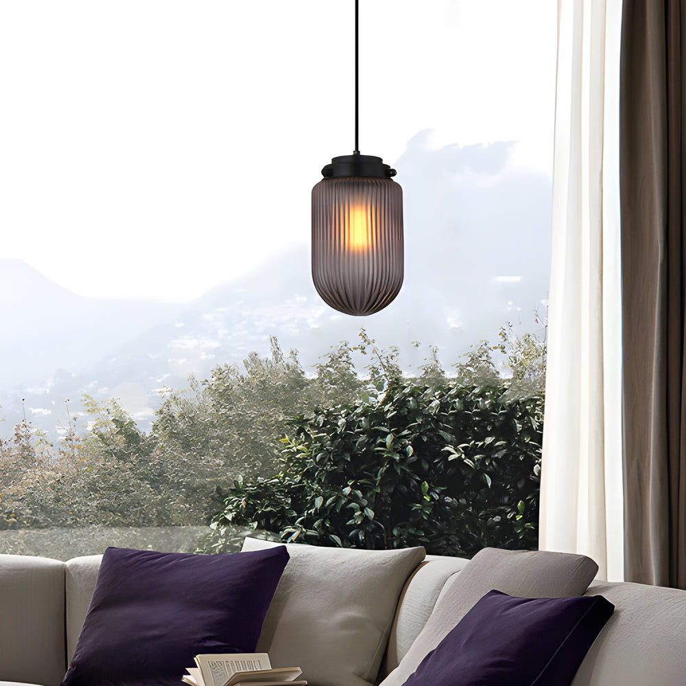 Modern Pinecone Shape Ribbed Glass Shade 1 Light Pendant In Smoke Gray