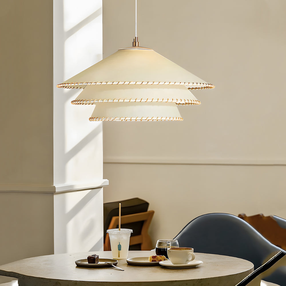 Rustic 3 Tiers Parchment Pendant Light 1 Light Hanging Lamp With Fabric Shade