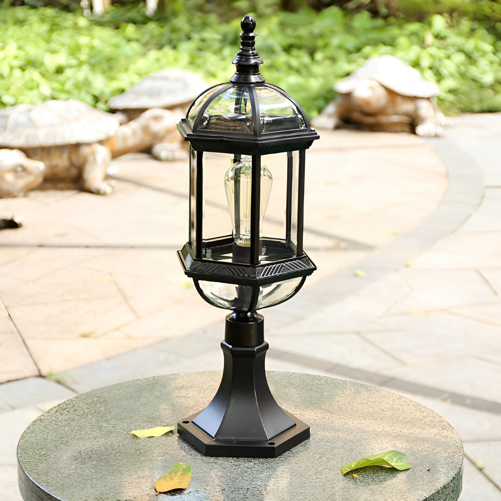 Black Retro Outdoor Post Light with Clear Glass Shade for Garden and Courtyard