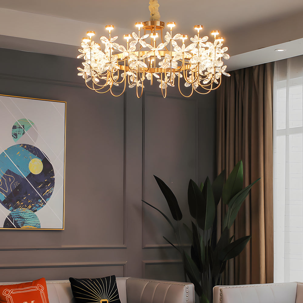 Golden Luxury 24 Light Crystal Flower Chandelier For Living Room