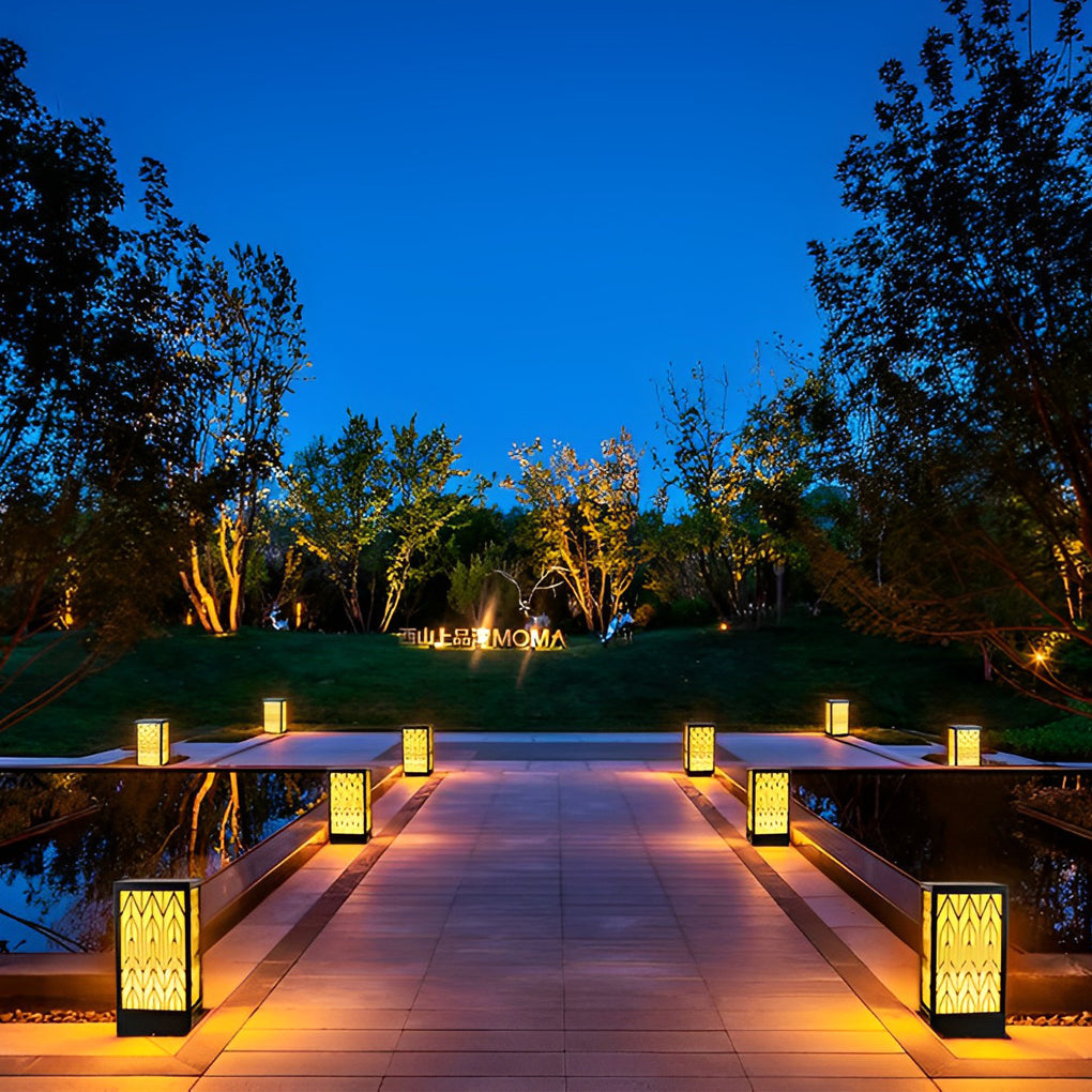 Retro Black LED Bollard Light with Patterned Shade for Garden Paths