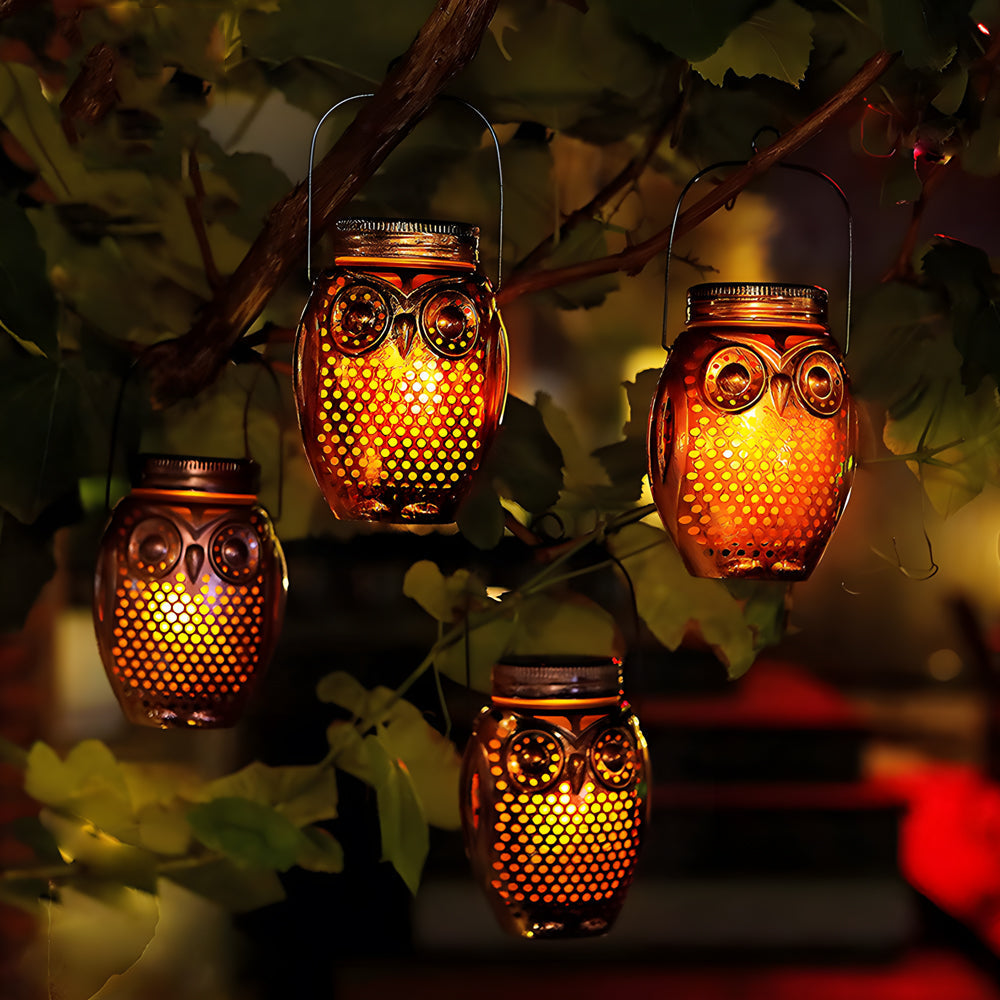 2 Pack Solar Lanterns Flickering Flame Metallic Owl Stake Solar Lights Garden Landscape Lights For Outdoor Decor
