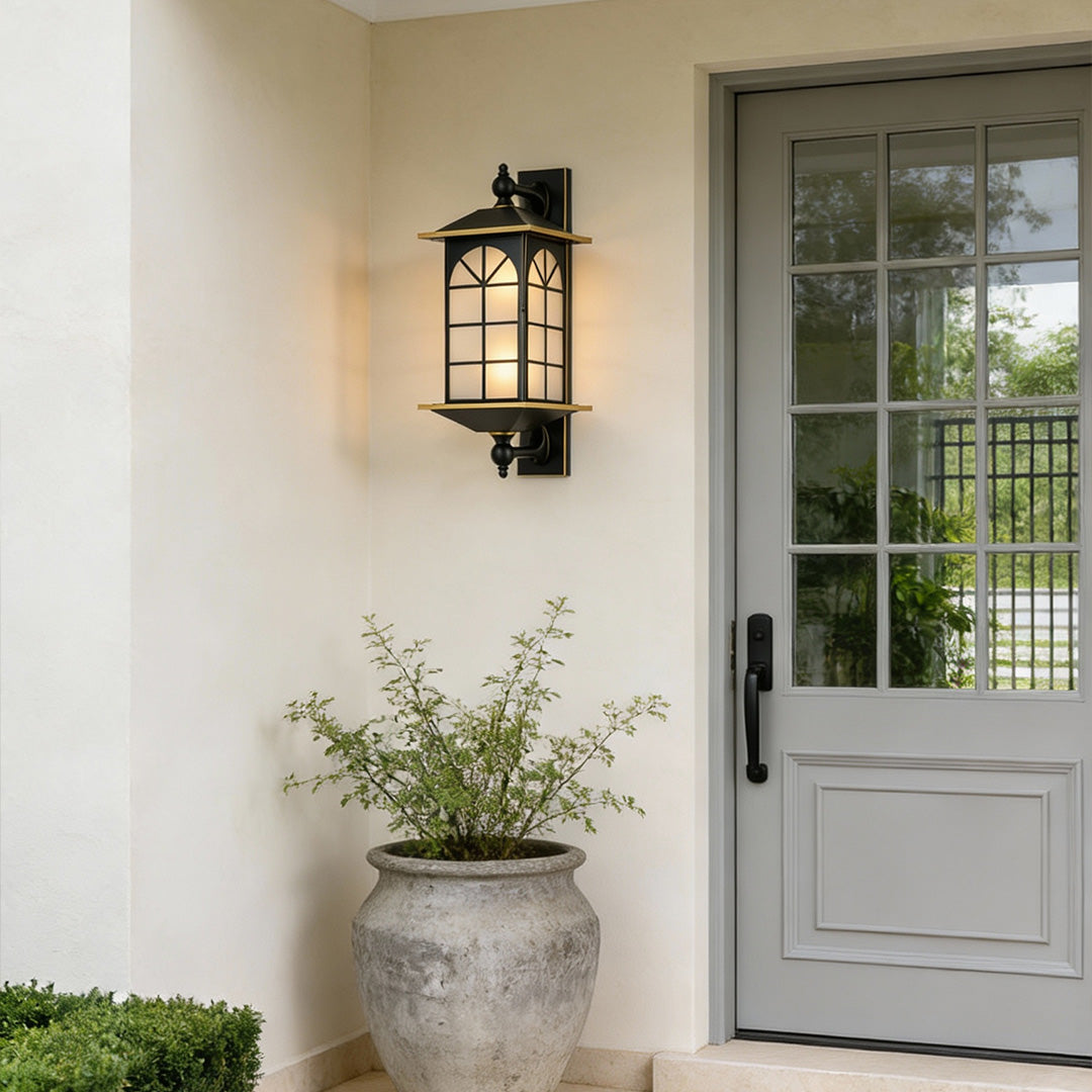 European Outdoor Lantern Wall Sconce in Black Brass with Clear Glass