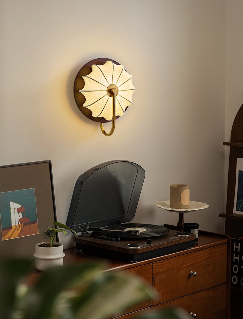 Elowen Fabric Wall Sconce — Modern Brass & Wood LED Wall Light