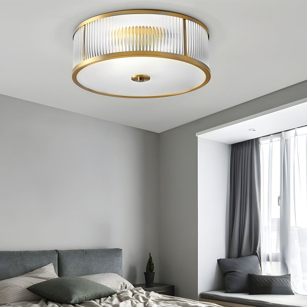 Drum Brass Flush Mount Ceiling Light Clear Ribbed Glass Lamp For Bedroom