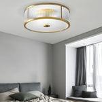 Drum Brass Flush Mount Ceiling Light Clear Ribbed Glass Lamp For Bedroom