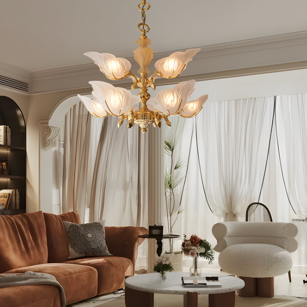 9 Light Italian Chandelier In Brass With Murano Glass Leaves
