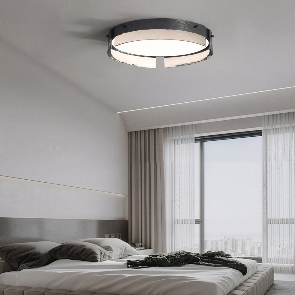 Round Black Hammered Glass Led Flush Mount Ceiling Light