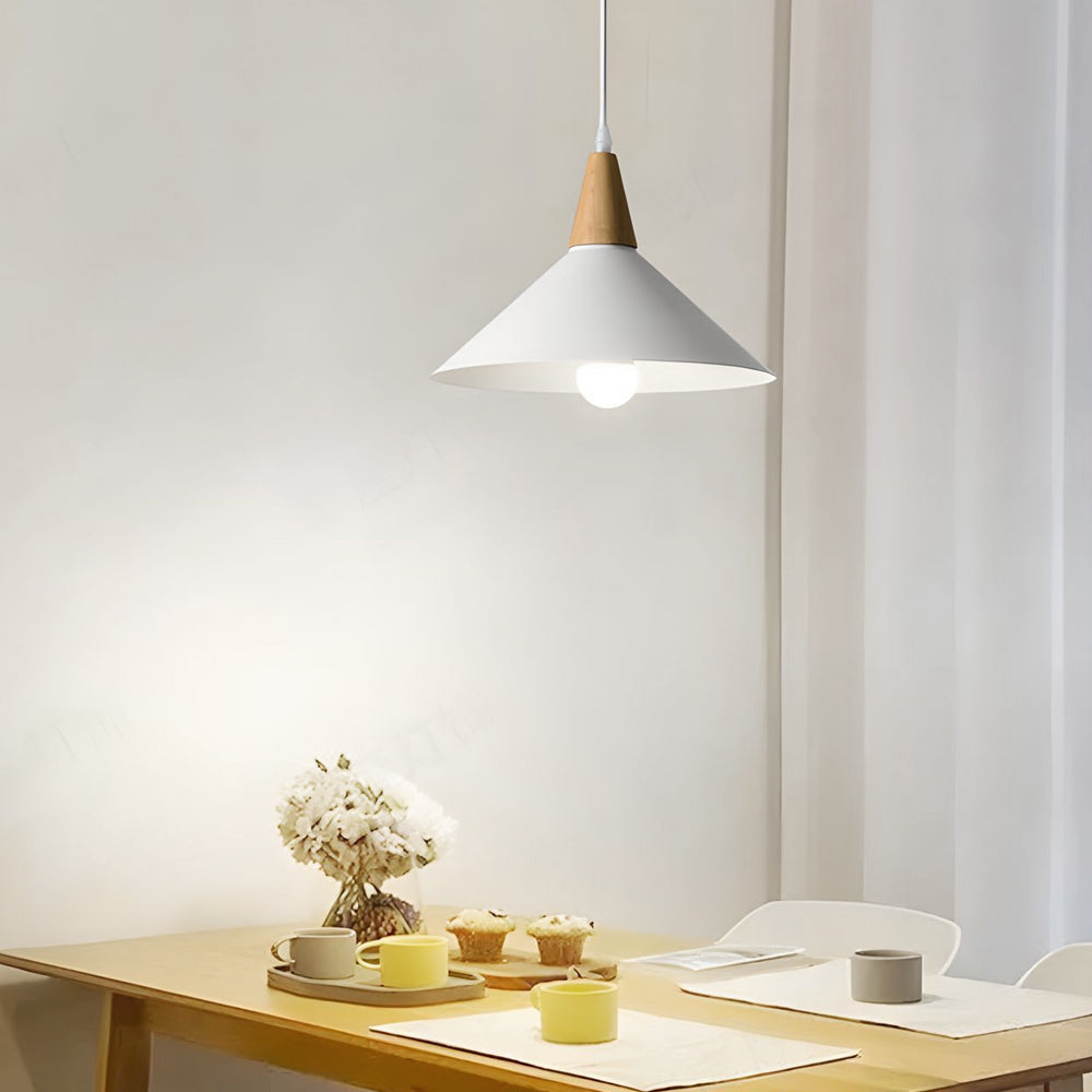 White 1 Light Nordic Metal Cone Pendant Light With Wood Top