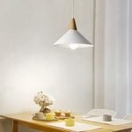 White 1 Light Nordic Metal Cone Pendant Light With Wood Top