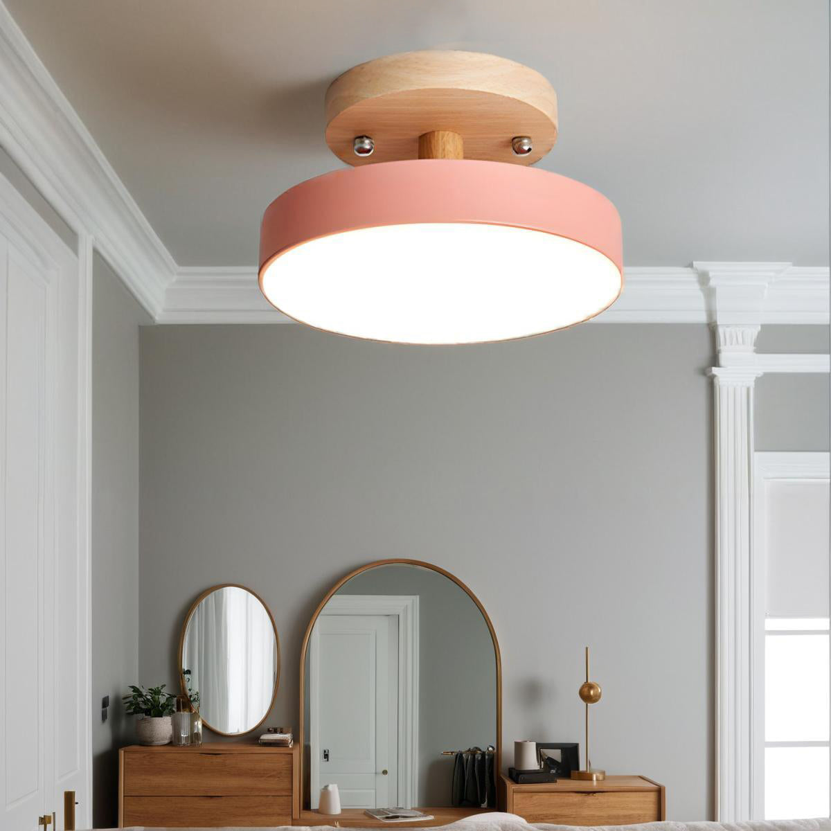 Round Semi Flush Wooden Ceiling Light