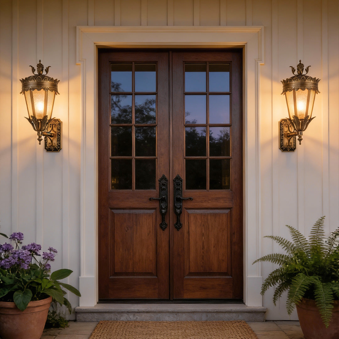European Vintage Outdoor Wall Lantern in Antique Brass and Clear Glass