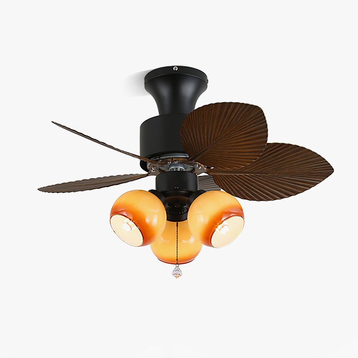 Palm Cove Breeze Ceiling Fan Light with Palm Leaf Blades and Amber Glass Shade
