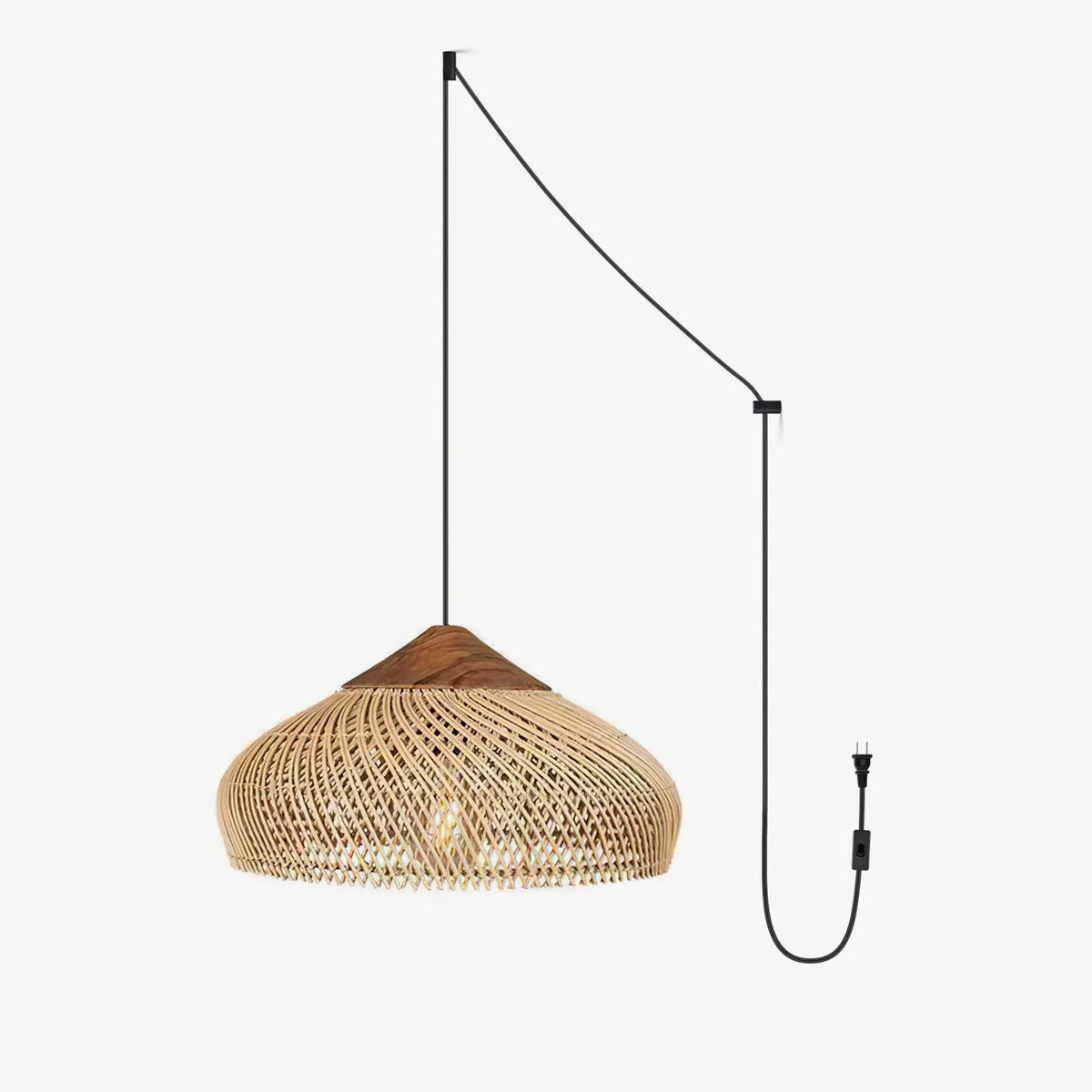 Artisan Braided Rattan Swag Pendant Light with Natural Wood Accents