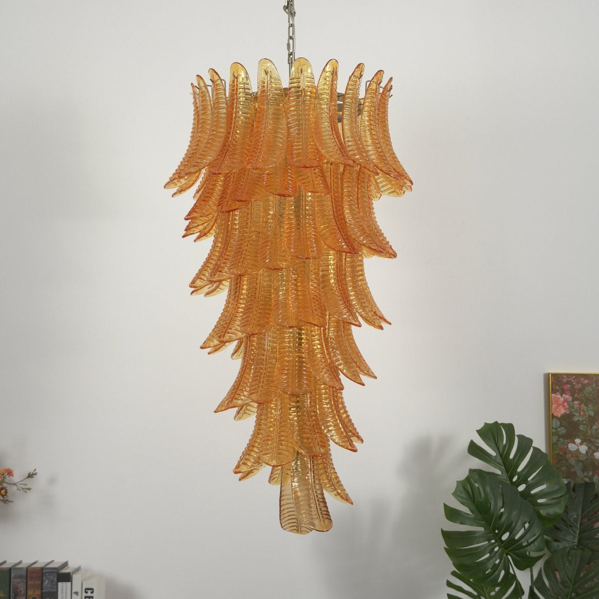 Amber Leaf Cascade Chandelier — Modern Art Glass Pendant for Dining Room