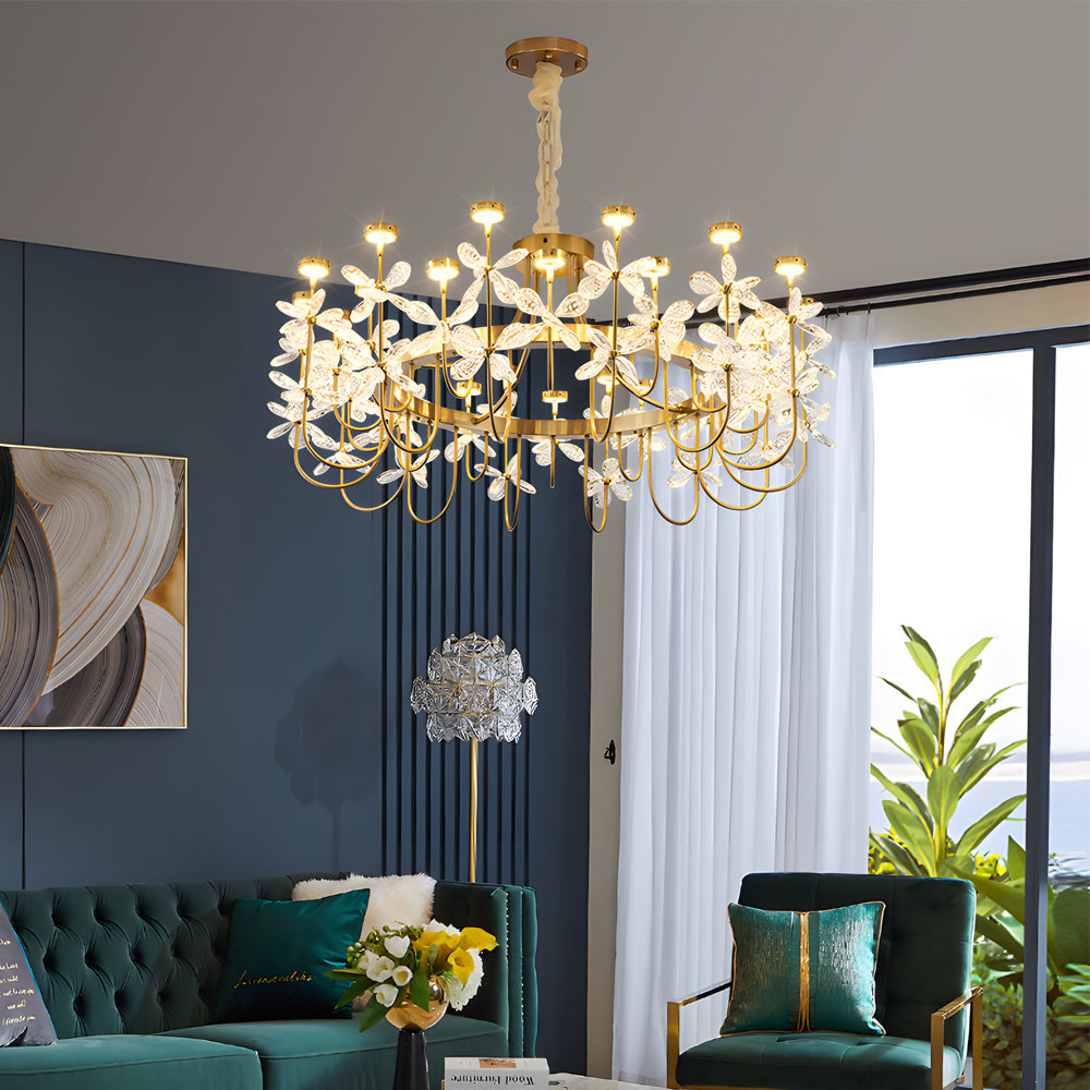 Golden Luxury 24 Light Crystal Flower Chandelier For Living Room