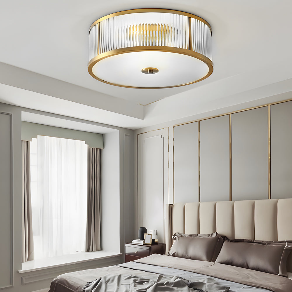 Drum Brass Flush Mount Ceiling Light Clear Ribbed Glass Lamp For Bedroom
