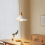 White 1 Light Nordic Metal Cone Pendant Light With Wood Top