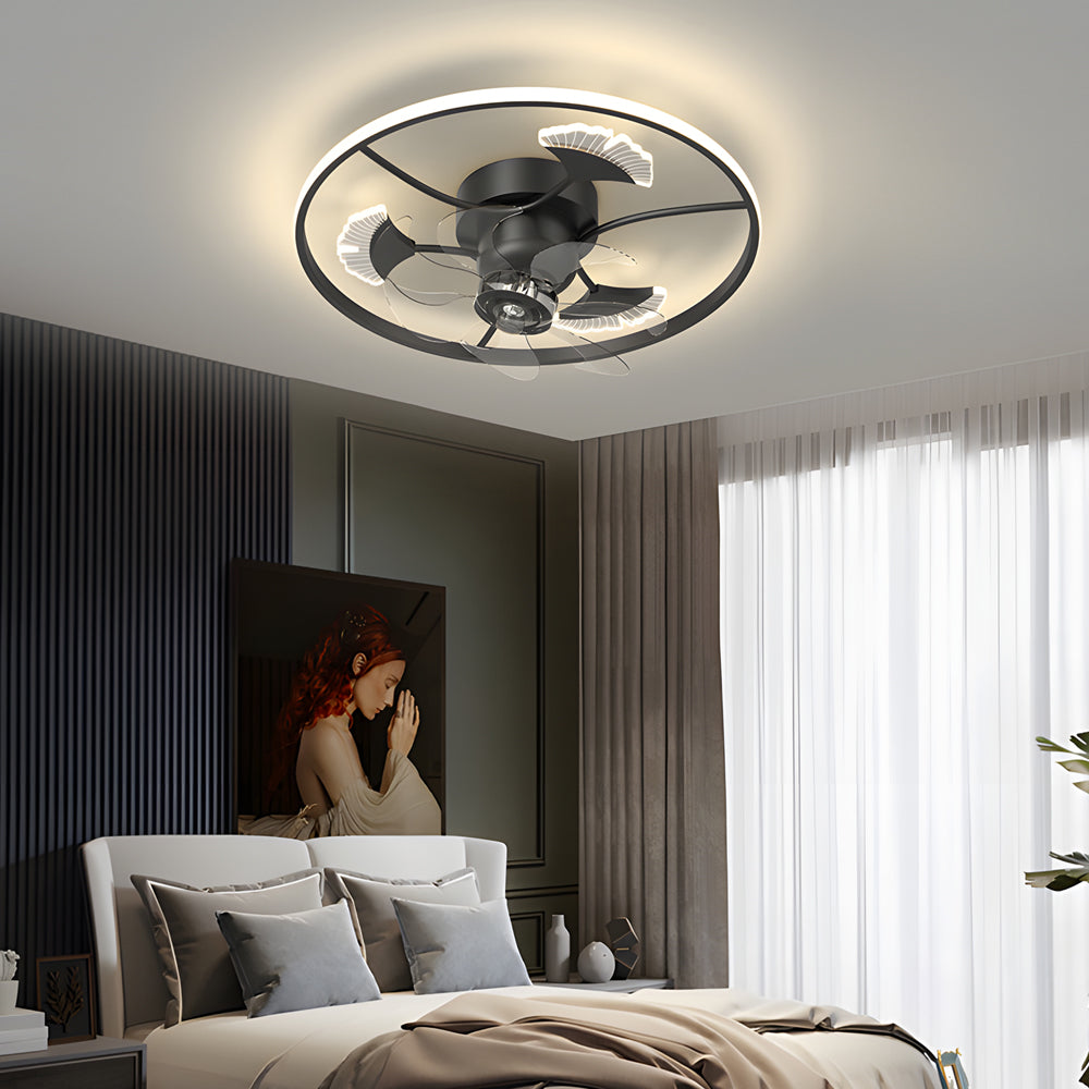 Round Ginkgo Leaves Decor 3 Step Dimming Modern Fans Ceiling With Lights