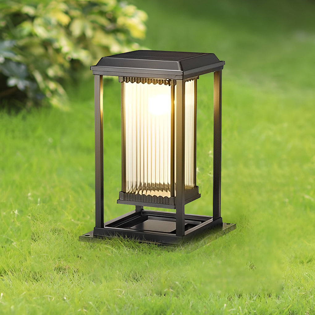 Square Black Solar Pathway Lights with Ribbed Glass Shade for Modern Outdoor Spaces