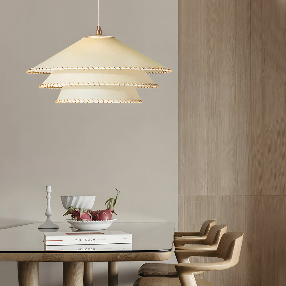 Rustic 3 Tiers Parchment Pendant Light 1 Light Hanging Lamp With Fabric Shade