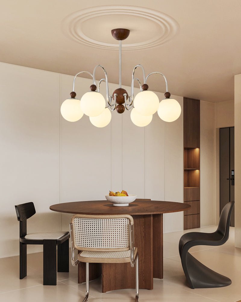 Aurora Loop Modern Chandelier with Walnut Accents and Glass Globes