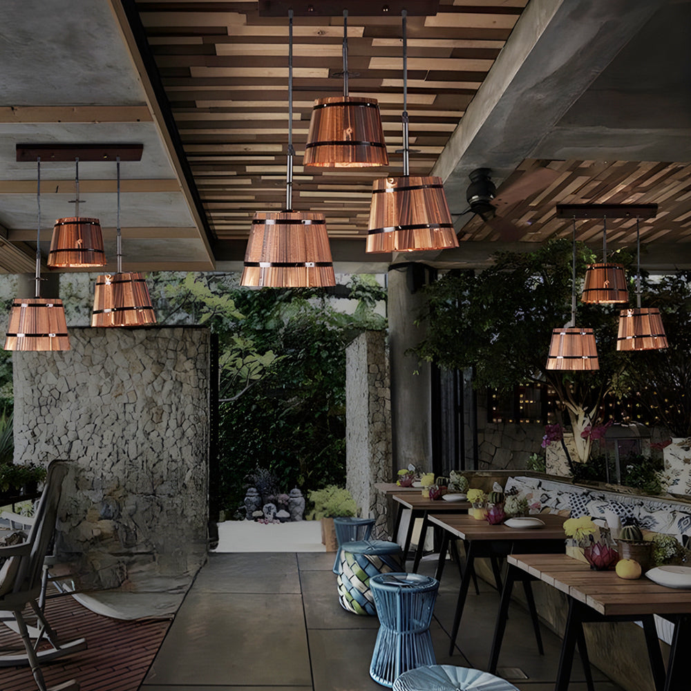 1 3 Light Rustic Wood Bucket Shade Pendant Lighting For Cafe Bar