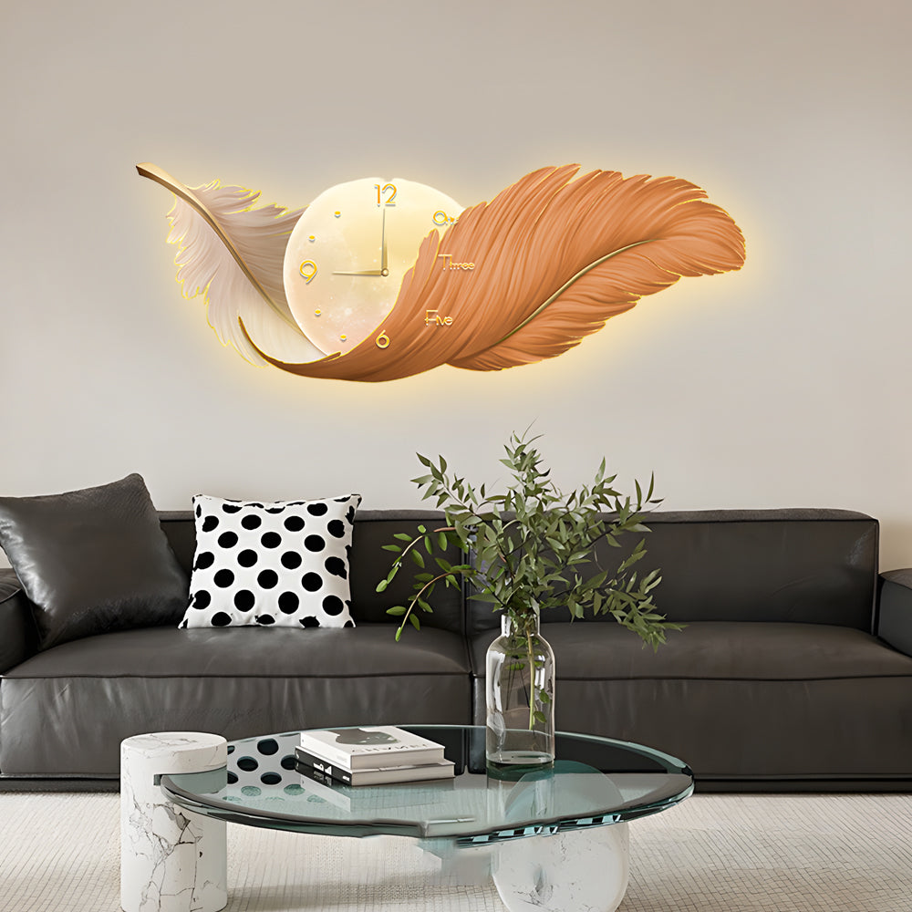 2 In 1 Wall Feather Painting Hanging Decor Led Wall Lamp Wall Clock