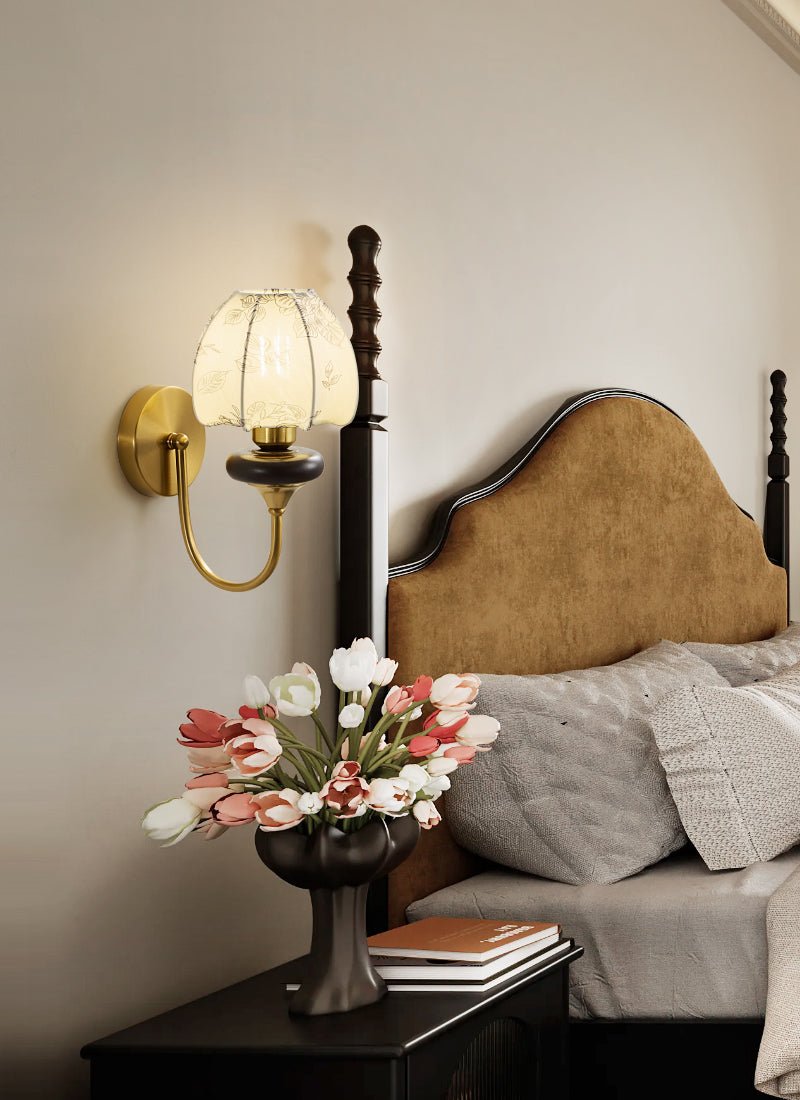 Amelie Floral Wall Sconce – Vintage-Inspired Fabric Shade, Gold or Black Finish