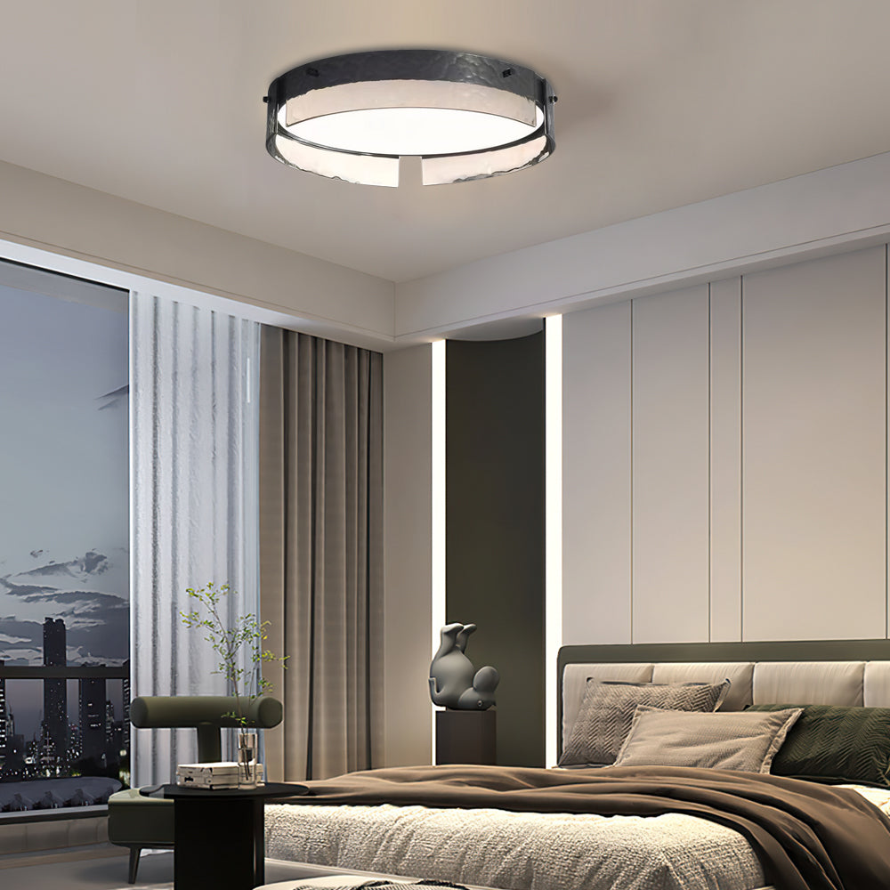 Round Black Hammered Glass Led Flush Mount Ceiling Light