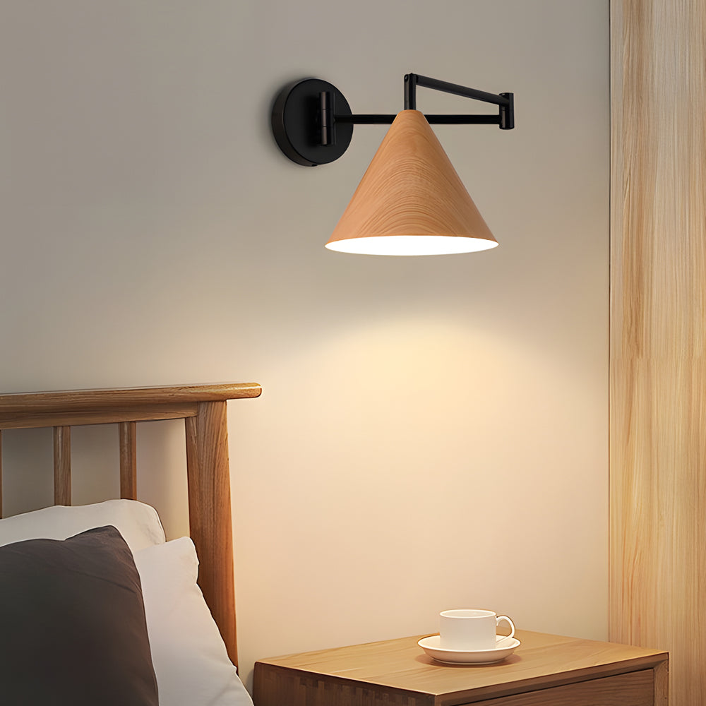 Cone Shaped Swing Arm Wall Sconces 1 Light Wood Wall Mount Light