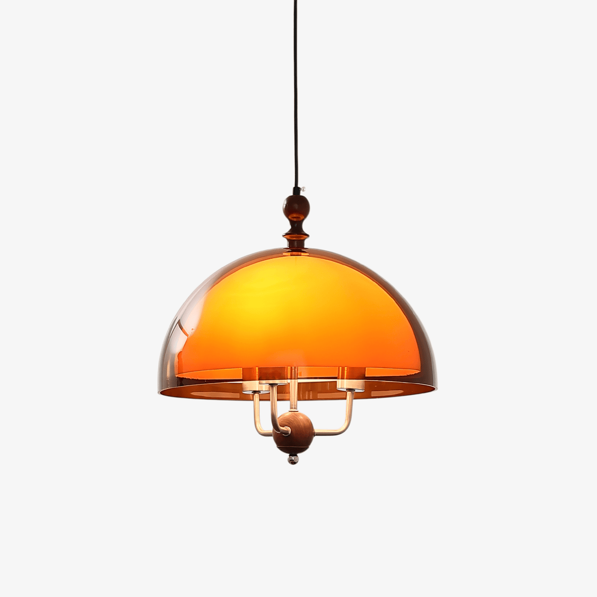 Amber Dome Pendant Light with Walnut Accents – Modern Retro Illumination