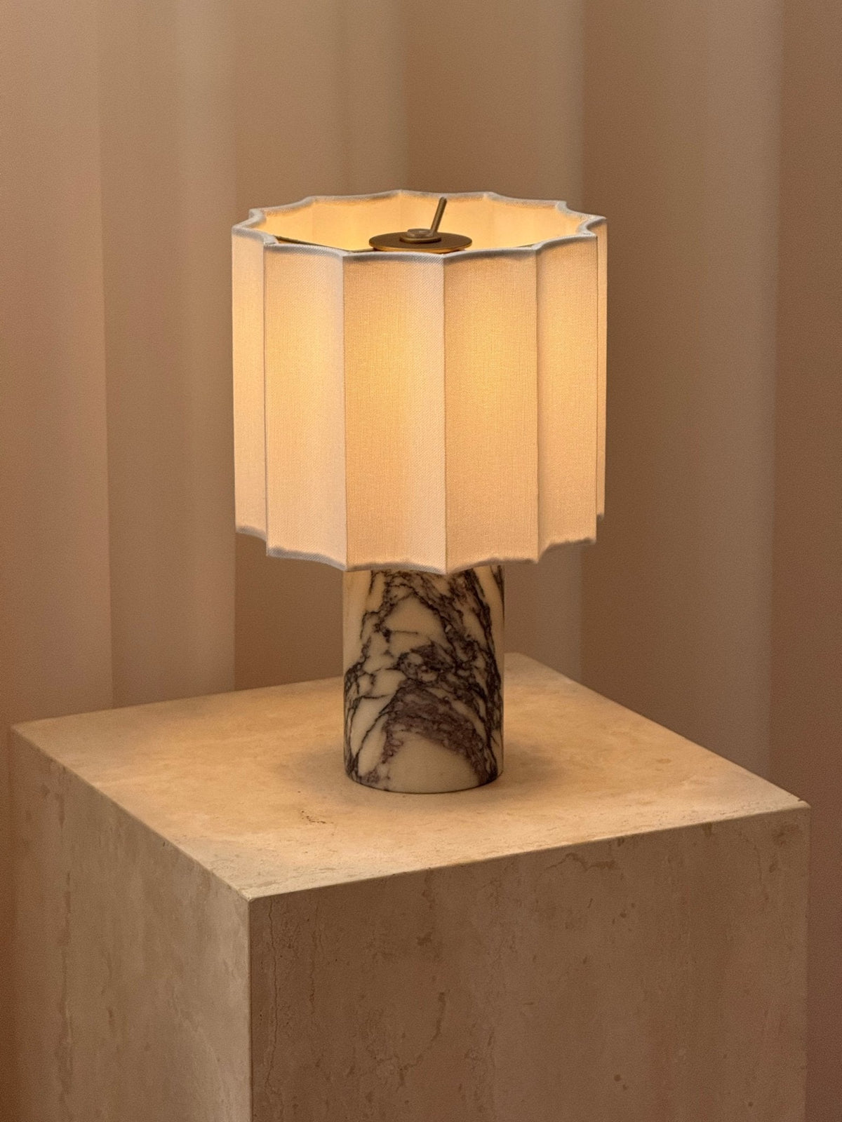 Orbis Veil Table Lamp – Sculptural Marble LED Lamp with Pleated Fabric Shade