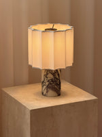 Orbis Veil Table Lamp – Sculptural Marble LED Lamp with Pleated Fabric Shade