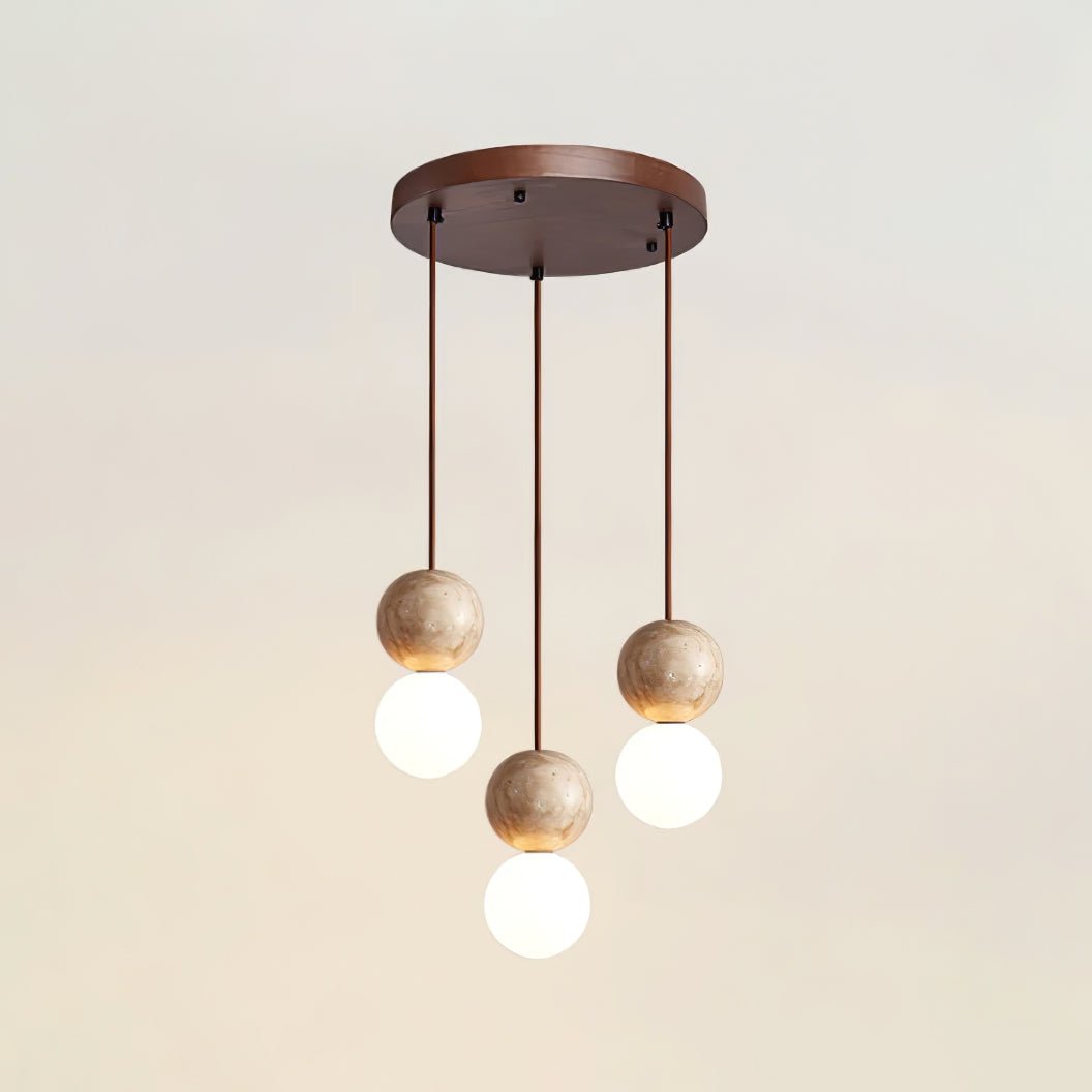 Camille Travertine Pendant Light – Natural Stone Sphere with Opal Glass Globe