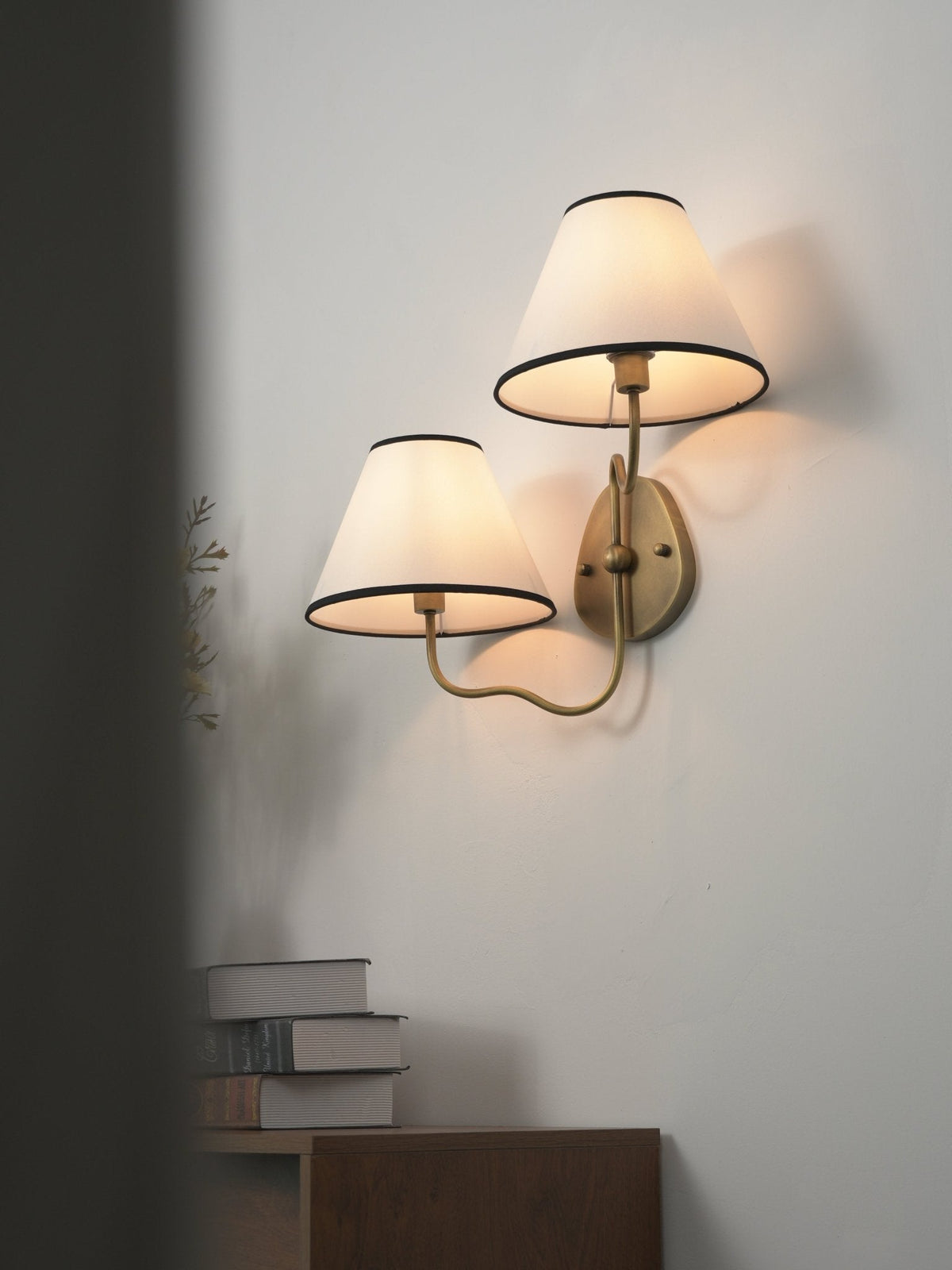 Clara Double Wall Sconce in Brushed Brass with White Fabric Shades