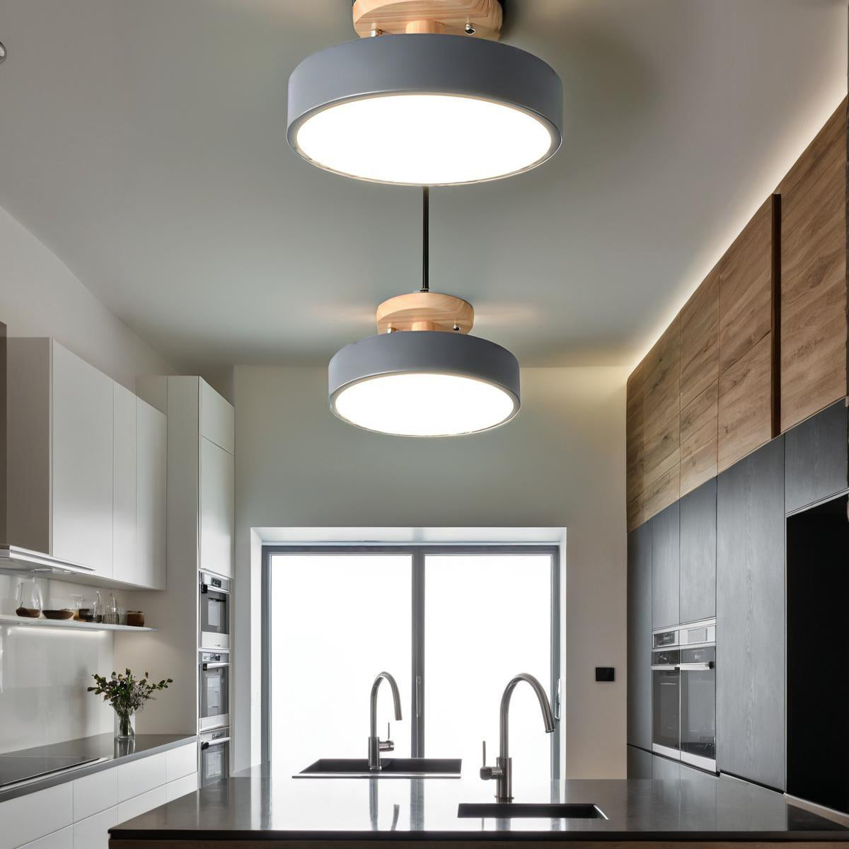 Round Semi Flush Wooden Ceiling Light