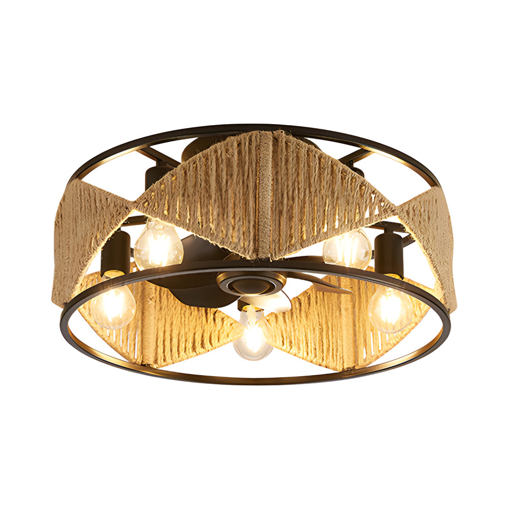 20 In Hemp Rope Woven Caged Ceiling Fan With Light And Remote 6 Speed