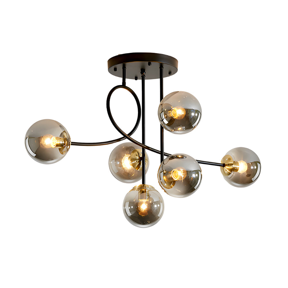 Modern 6 Light Gold Black Semi Flush Mount Chandelier With Glass Shade