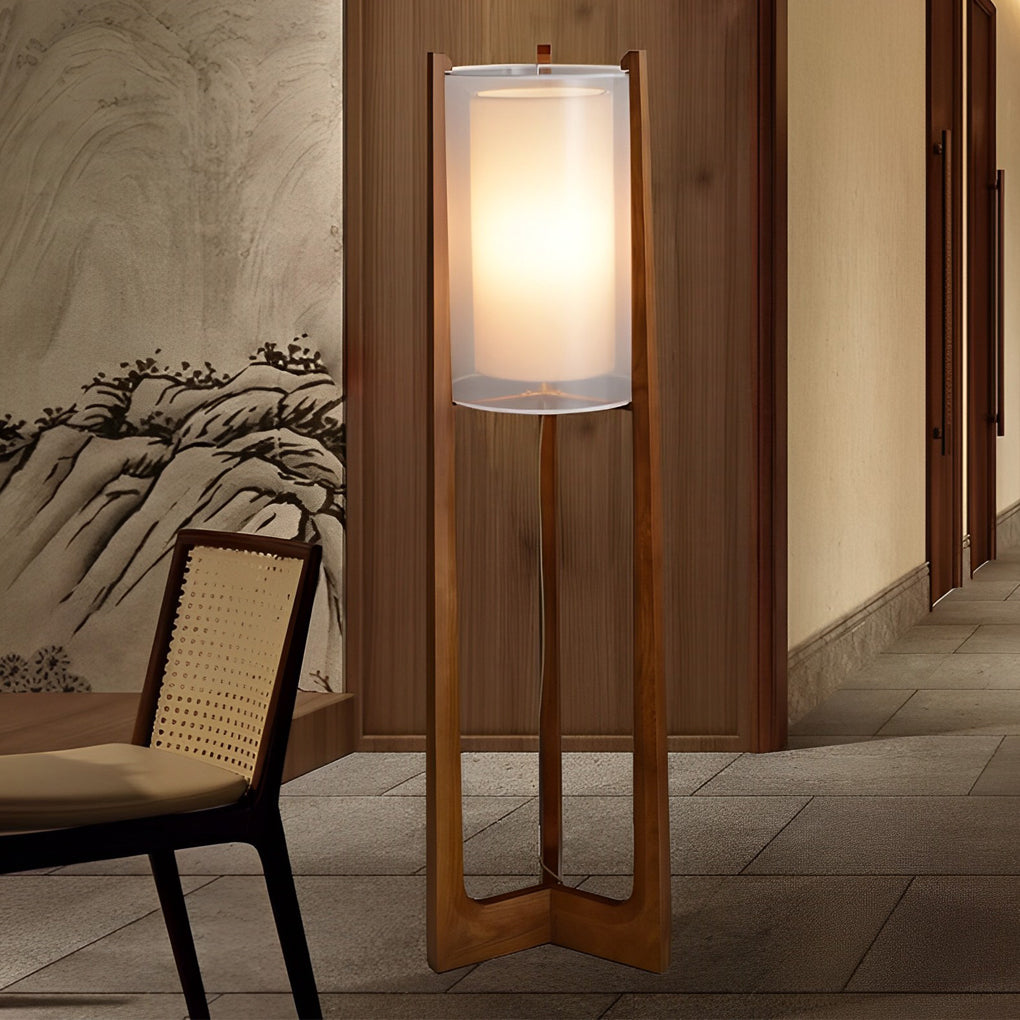 Rustic Japanese Style Wood Standing And Double Shaded Led Floor Lamp