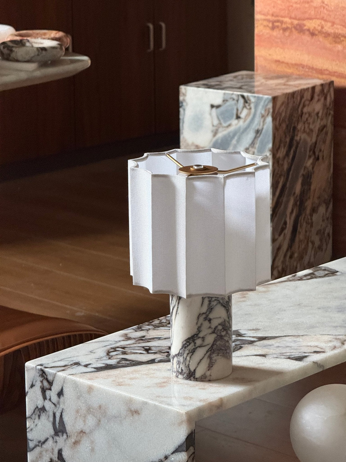 Orbis Veil Table Lamp – Sculptural Marble LED Lamp with Pleated Fabric Shade