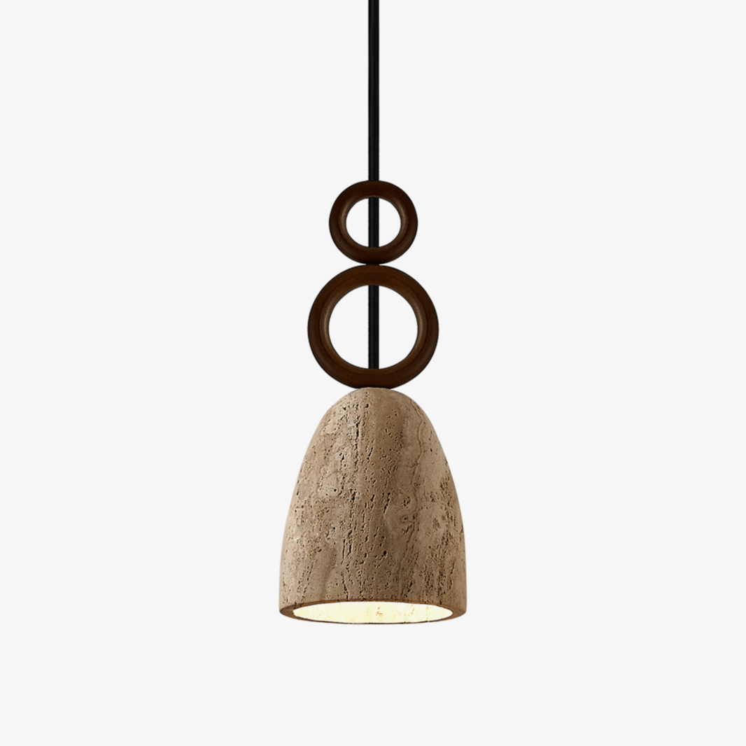 Stone Bell Rings Pendant Light in Yellow Travertine and Walnut Wood