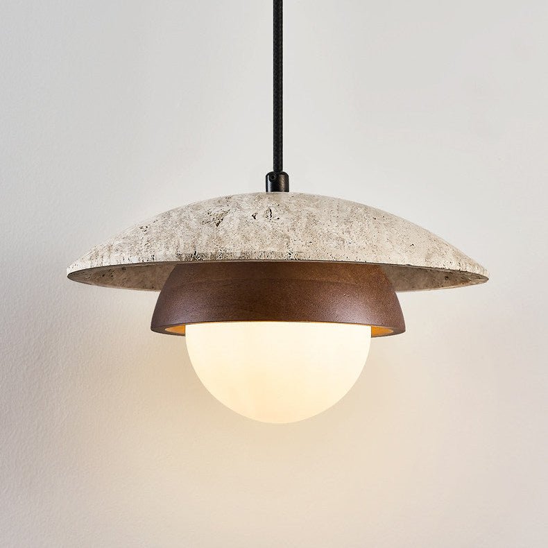 Milo Travertine Pendant Light – Natural Stone & Wood Hanging Lamp