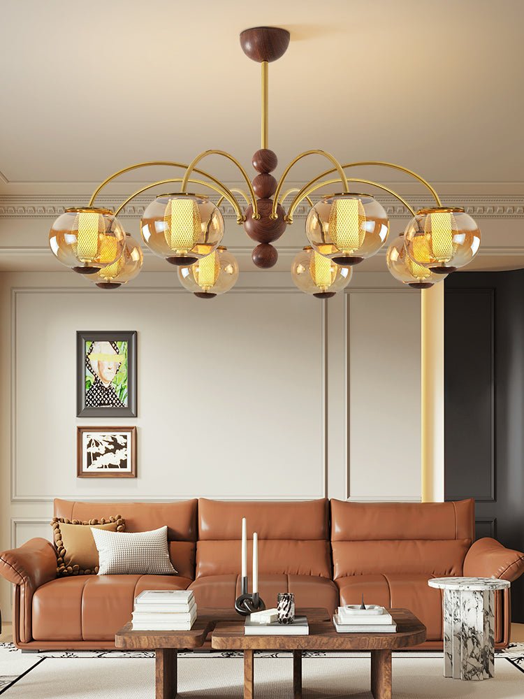 Solstice Bloom Chandelier — Amber Glass & Gold Modern Pendant Light