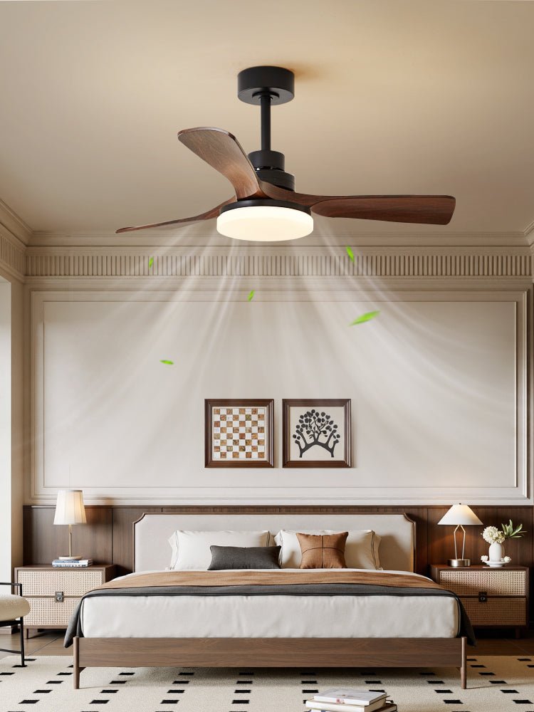 Nilo Ceiling Fan Light with LED, Modern Walnut Blades and Matte Black Finish