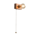 Round Square Vintage Walnut Wood Wall Lamp 1 Light With Pull Chain Switch