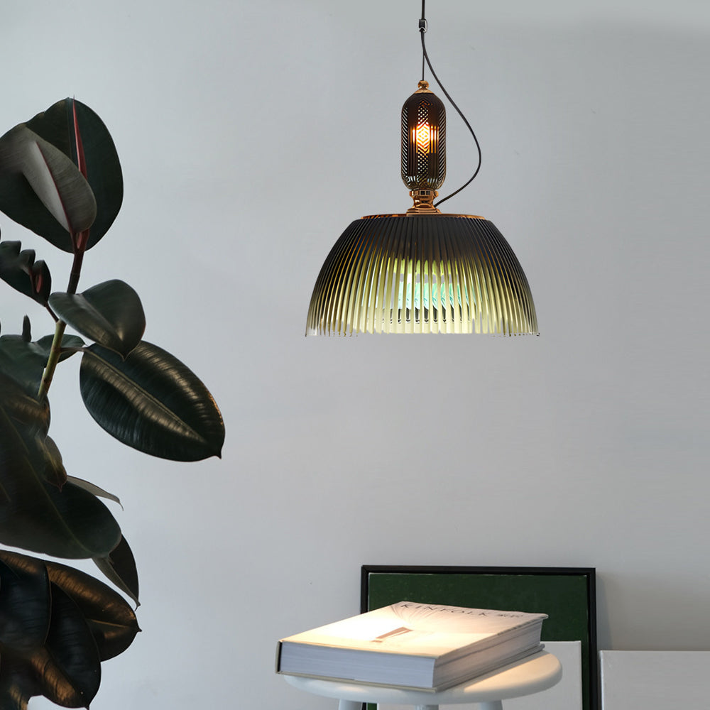Retro Gradient Dark Green Striped Glass Art Nordic Pendant Lights Fixture Li002742