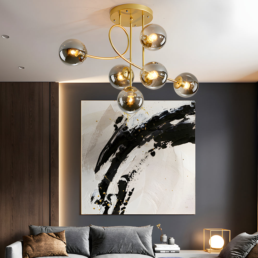 Modern 6 Light Gold Black Semi Flush Mount Chandelier With Glass Shade